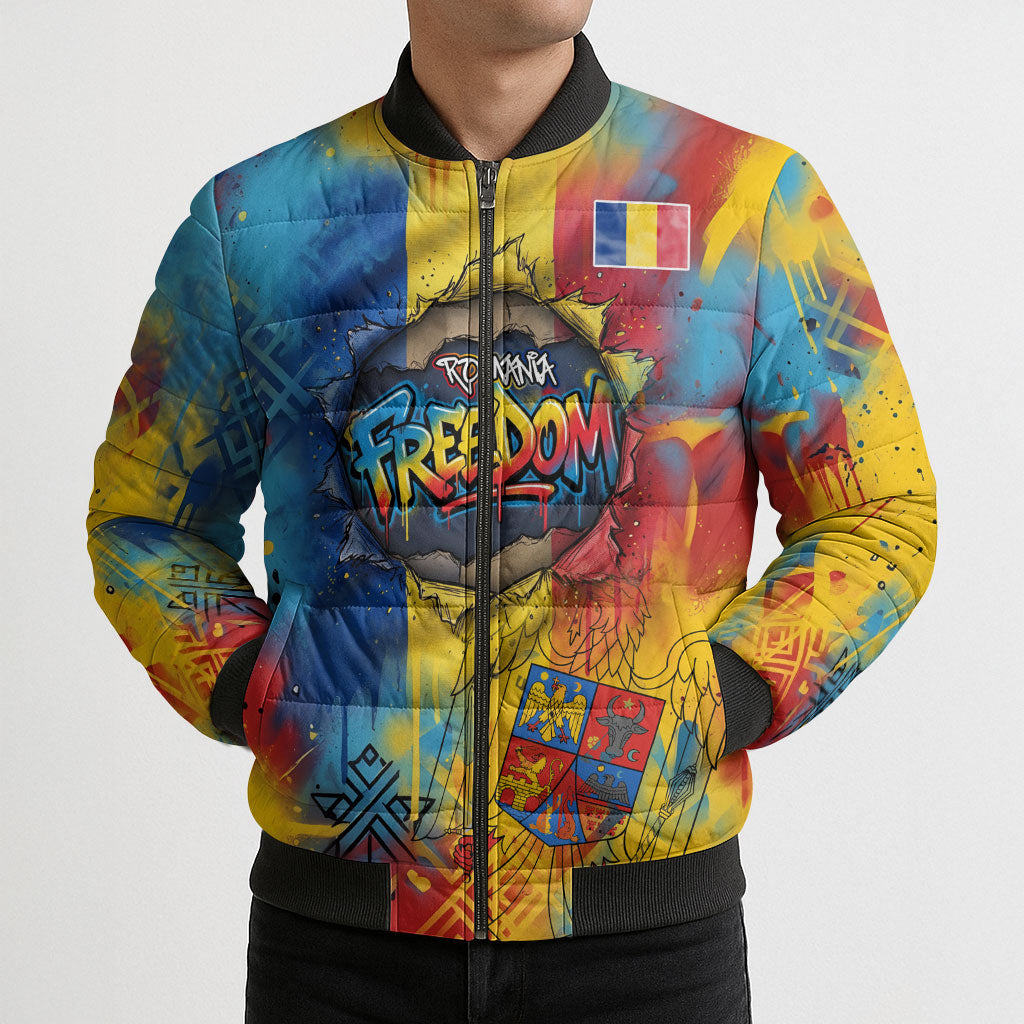 Romania Freedom Bomber Puffer Jacket Flag Day June 26 - Raised Fist - Graffiti Style