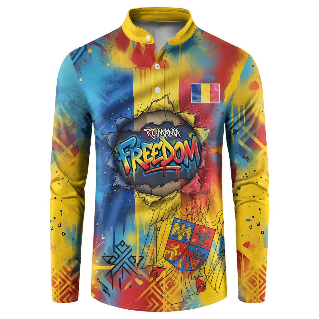 Romania Freedom Button Sweatshirt Flag Day June 26 - Raised Fist - Graffiti Style