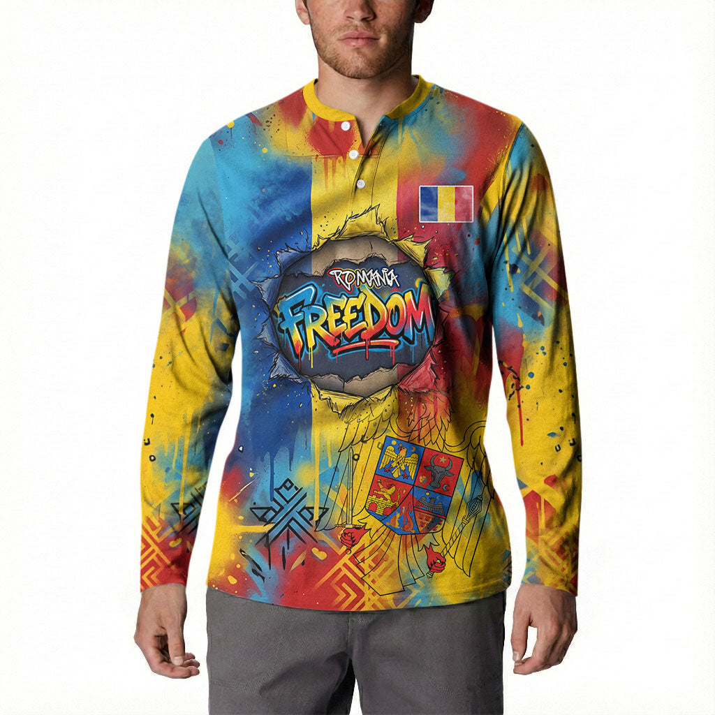 Romania Freedom Button Sweatshirt Flag Day June 26 - Raised Fist - Graffiti Style