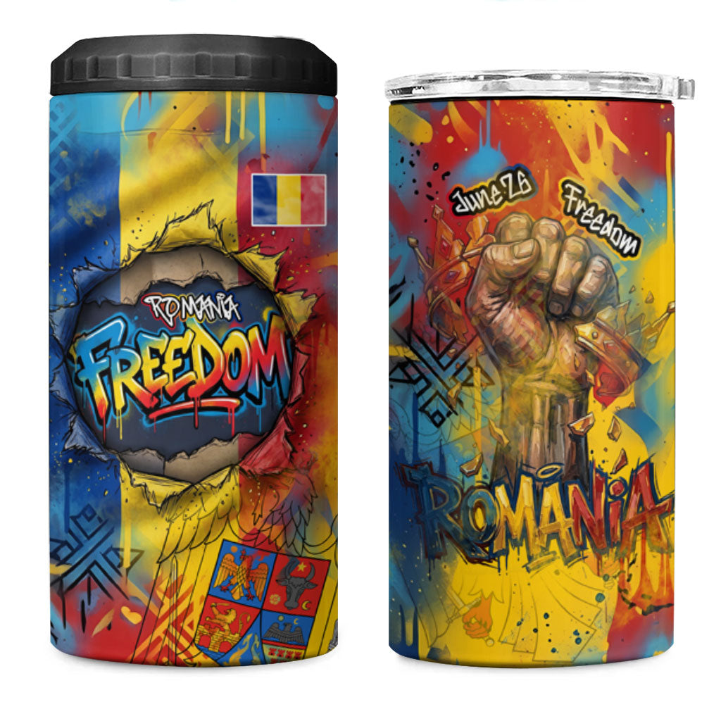 Romania Freedom 4 in 1 Can Cooler Tumbler Flag Day June 26 - Raised Fist - Graffiti Style