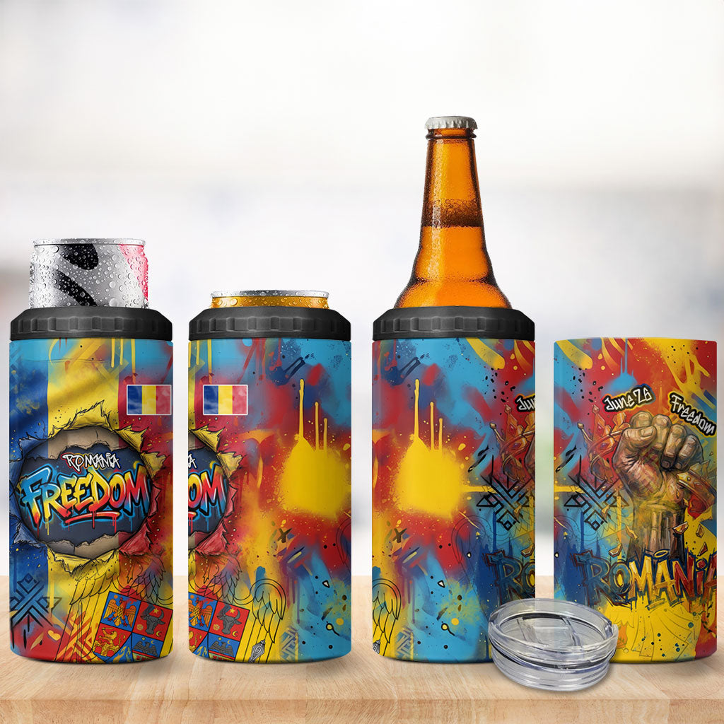 Romania Freedom 4 in 1 Can Cooler Tumbler Flag Day June 26 - Raised Fist - Graffiti Style