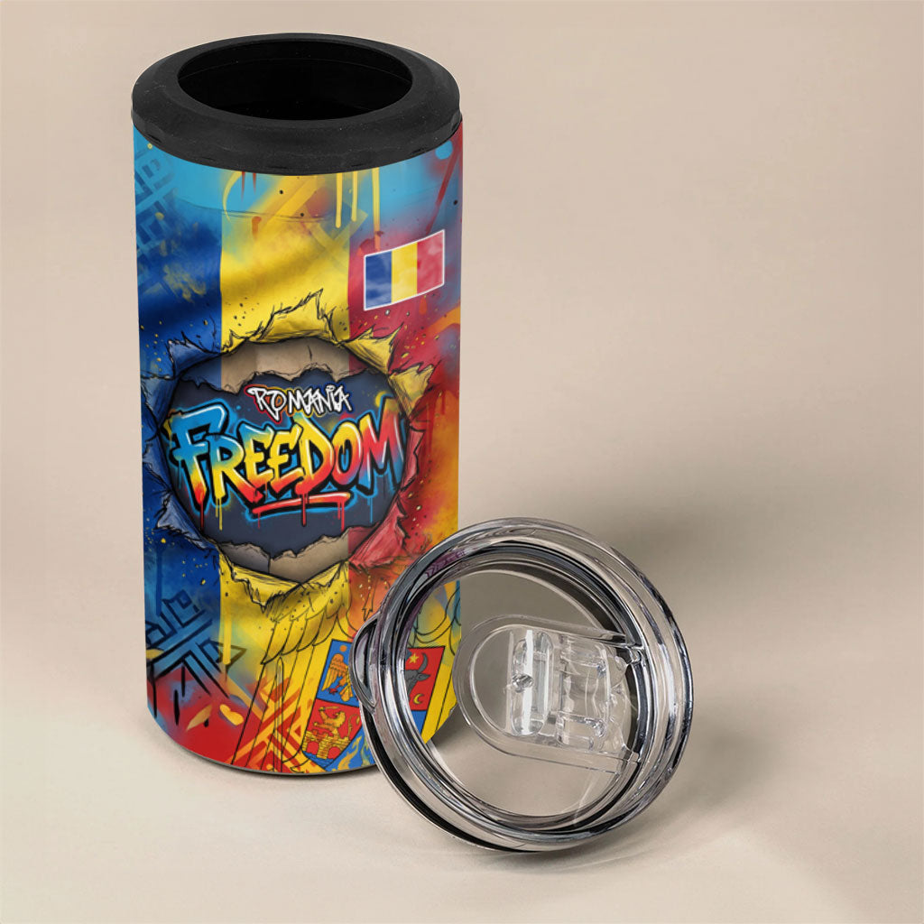 Romania Freedom 4 in 1 Can Cooler Tumbler Flag Day June 26 - Raised Fist - Graffiti Style