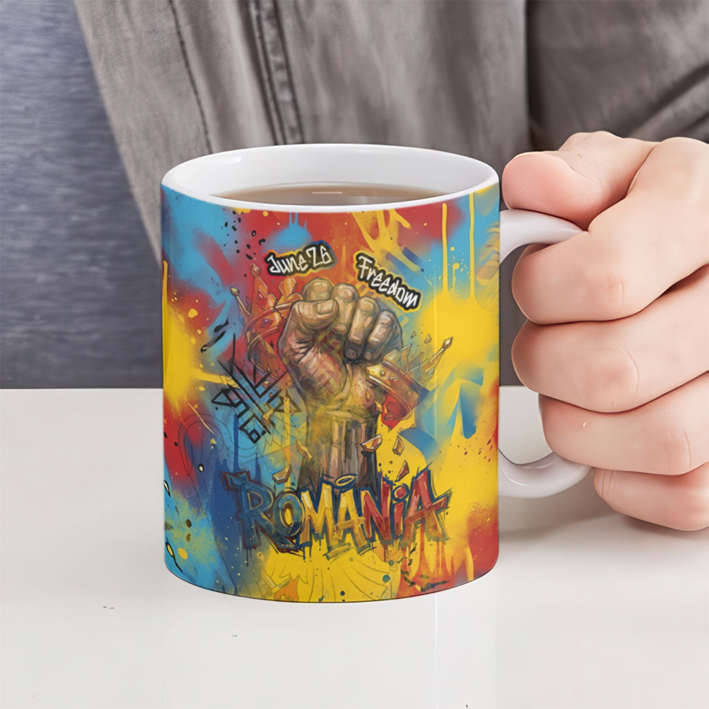 Romania Freedom Ceramic Mug Flag Day June 26 - Raised Fist - Graffiti Style