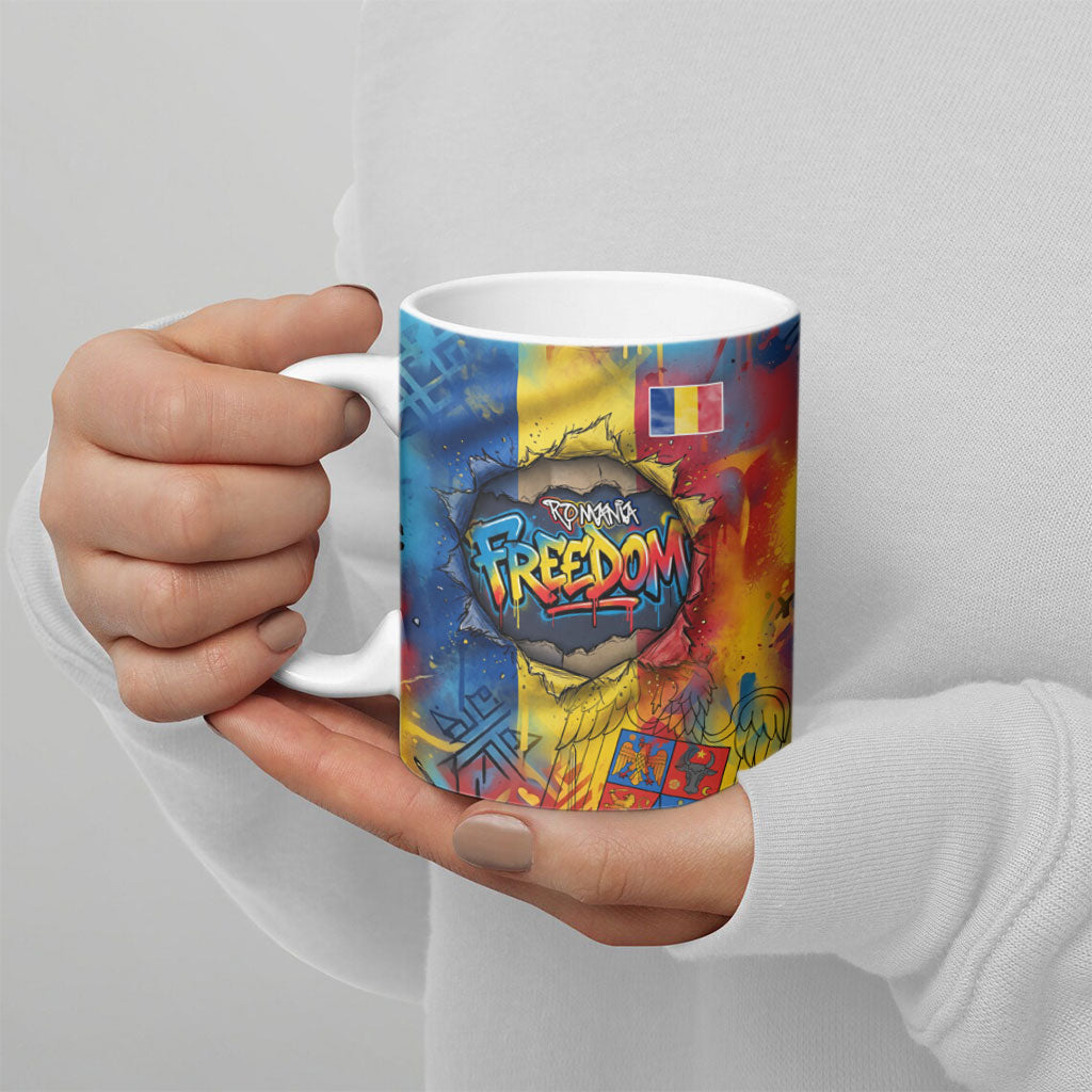 Romania Freedom Ceramic Mug Flag Day June 26 - Raised Fist - Graffiti Style