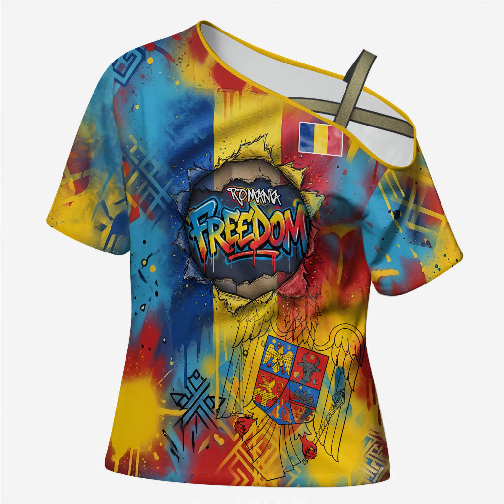 Romania Freedom Cross Shoulder Shirt Flag Day June 26 - Raised Fist - Graffiti Style