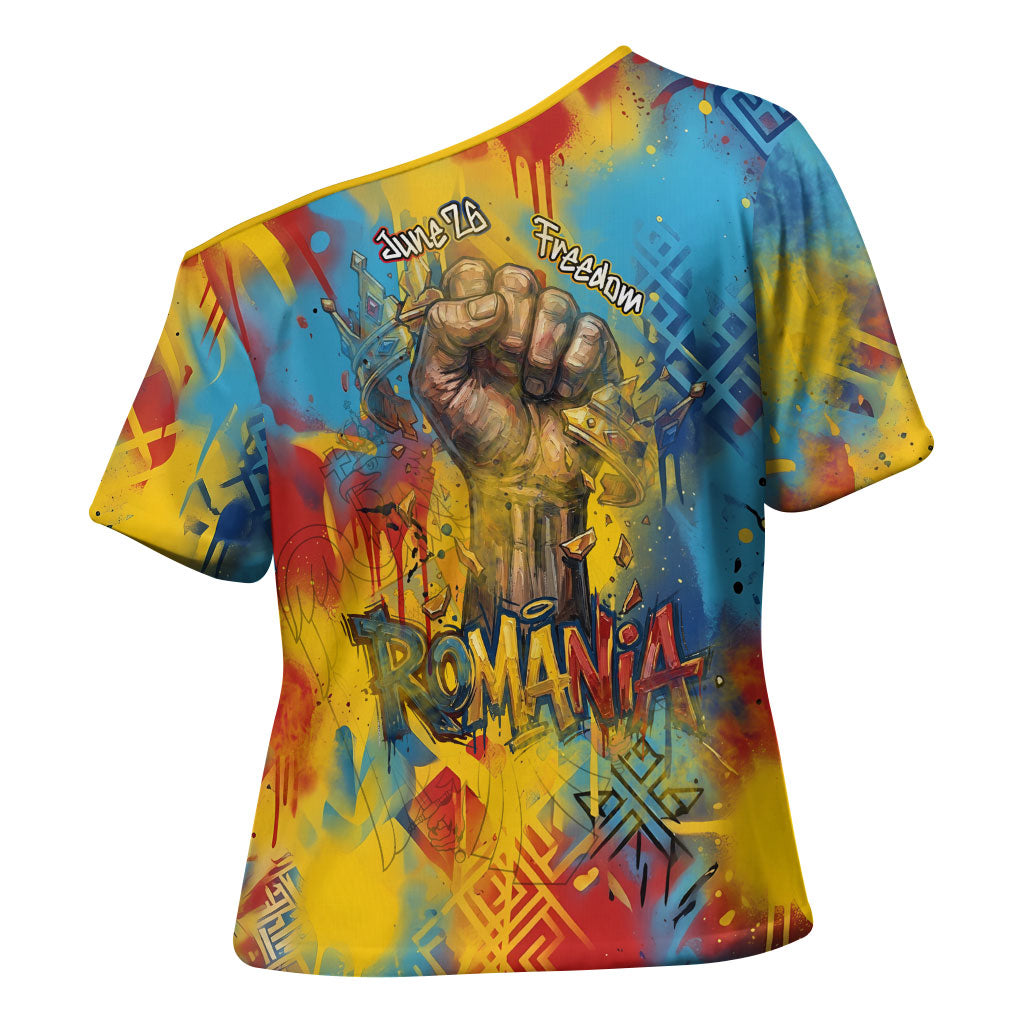 Romania Freedom Cross Shoulder Shirt Flag Day June 26 - Raised Fist - Graffiti Style