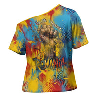 Romania Freedom Cross Shoulder Shirt Flag Day June 26 - Raised Fist - Graffiti Style