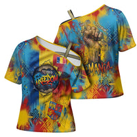 Romania Freedom Cross Shoulder Shirt Flag Day June 26 - Raised Fist - Graffiti Style