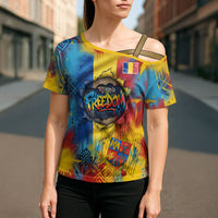 Romania Freedom Cross Shoulder Shirt Flag Day June 26 - Raised Fist - Graffiti Style