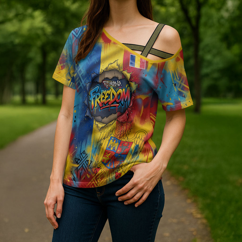 Romania Freedom Cross Shoulder Shirt Flag Day June 26 - Raised Fist - Graffiti Style