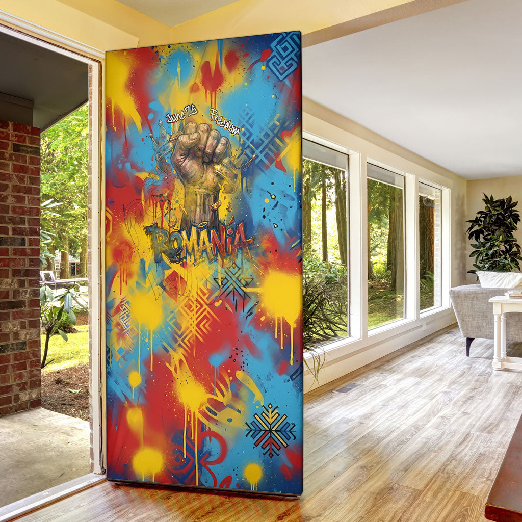 Romania Freedom Door Cover Flag Day June 26 - Raised Fist - Graffiti Style