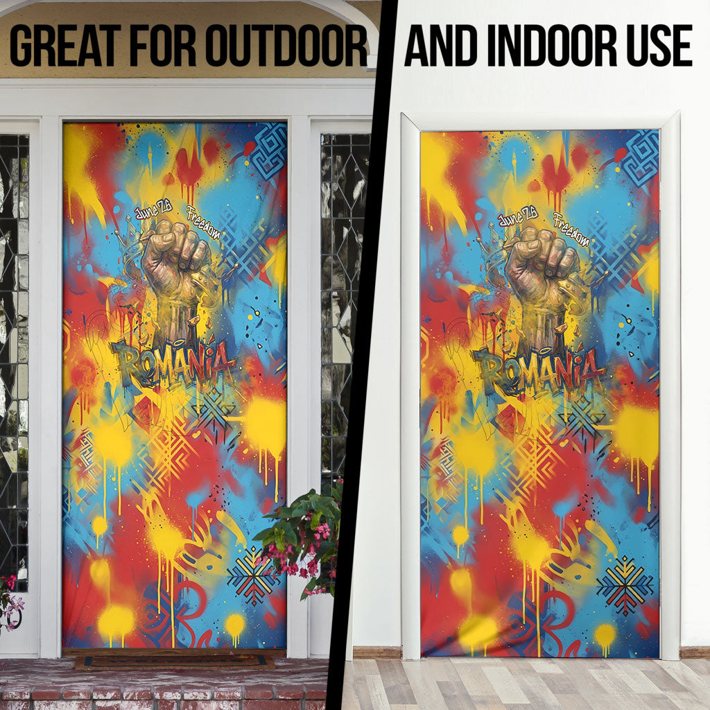 Romania Freedom Door Cover Flag Day June 26 - Raised Fist - Graffiti Style