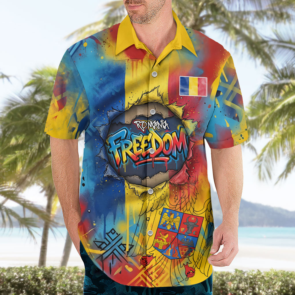 Romania Freedom Hawaiian Shirt Flag Day June 26 - Raised Fist - Graffiti Style