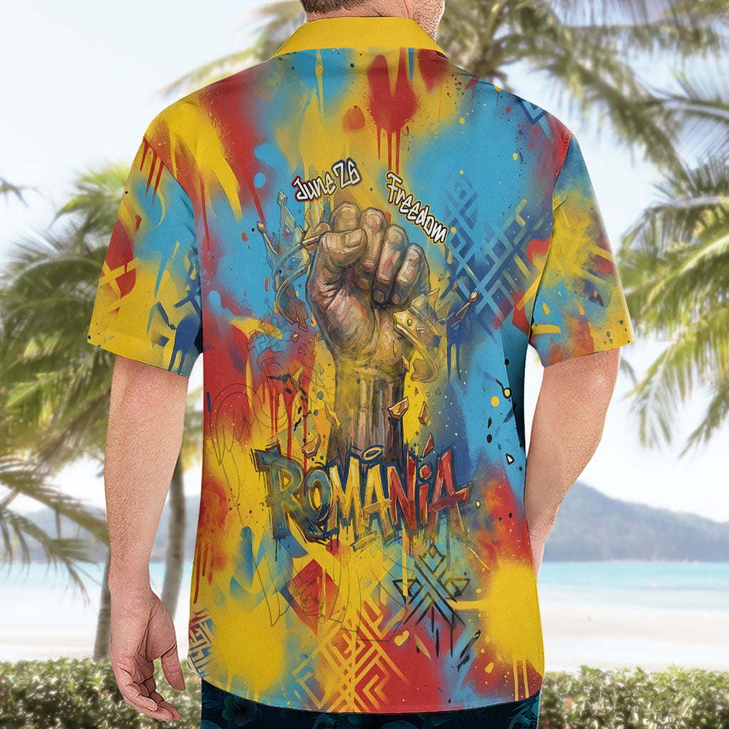 Romania Freedom Hawaiian Shirt Flag Day June 26 - Raised Fist - Graffiti Style