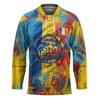 Romania Freedom Hockey Jersey Flag Day June 26 - Raised Fist - Graffiti Style