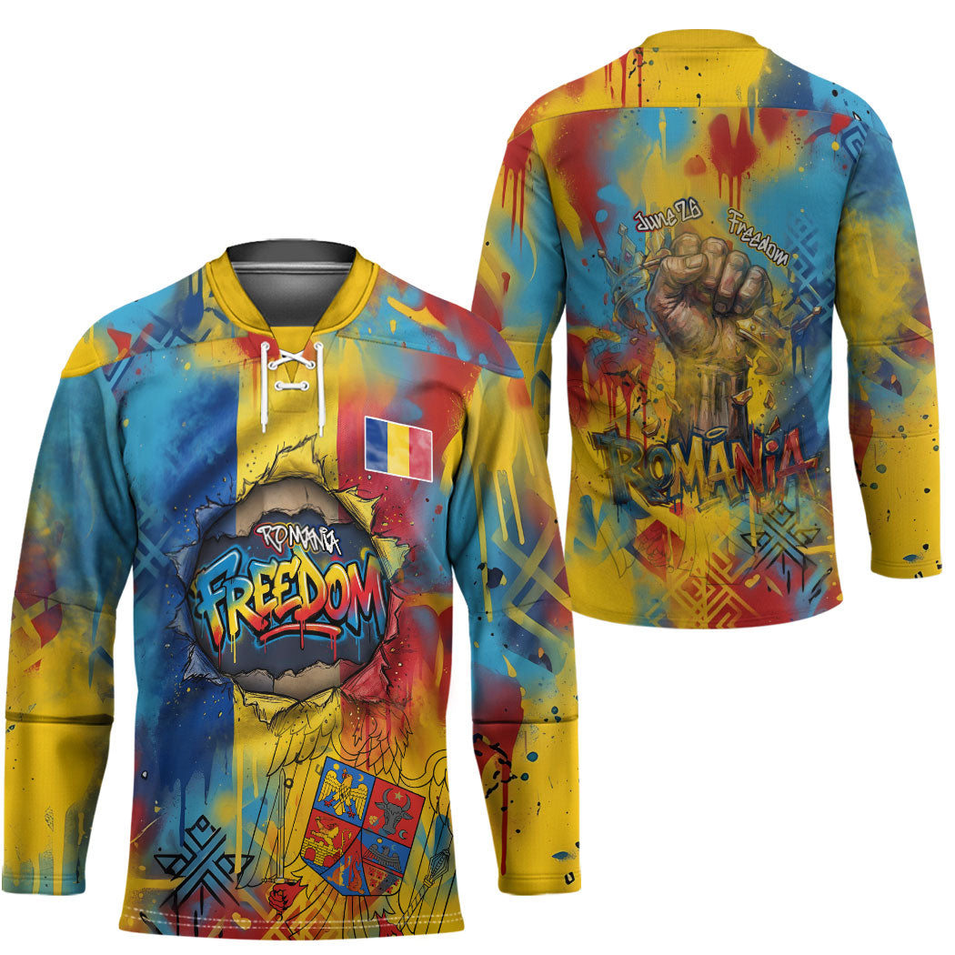 Romania Freedom Hockey Jersey Flag Day June 26 - Raised Fist - Graffiti Style