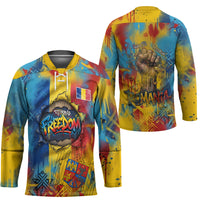 Romania Freedom Hockey Jersey Flag Day June 26 - Raised Fist - Graffiti Style