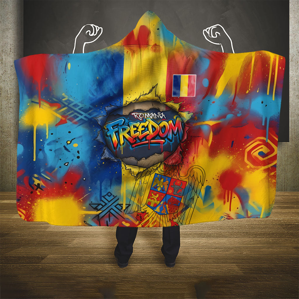Romania Freedom Hooded Blanket Flag Day June 26 - Raised Fist - Graffiti Style