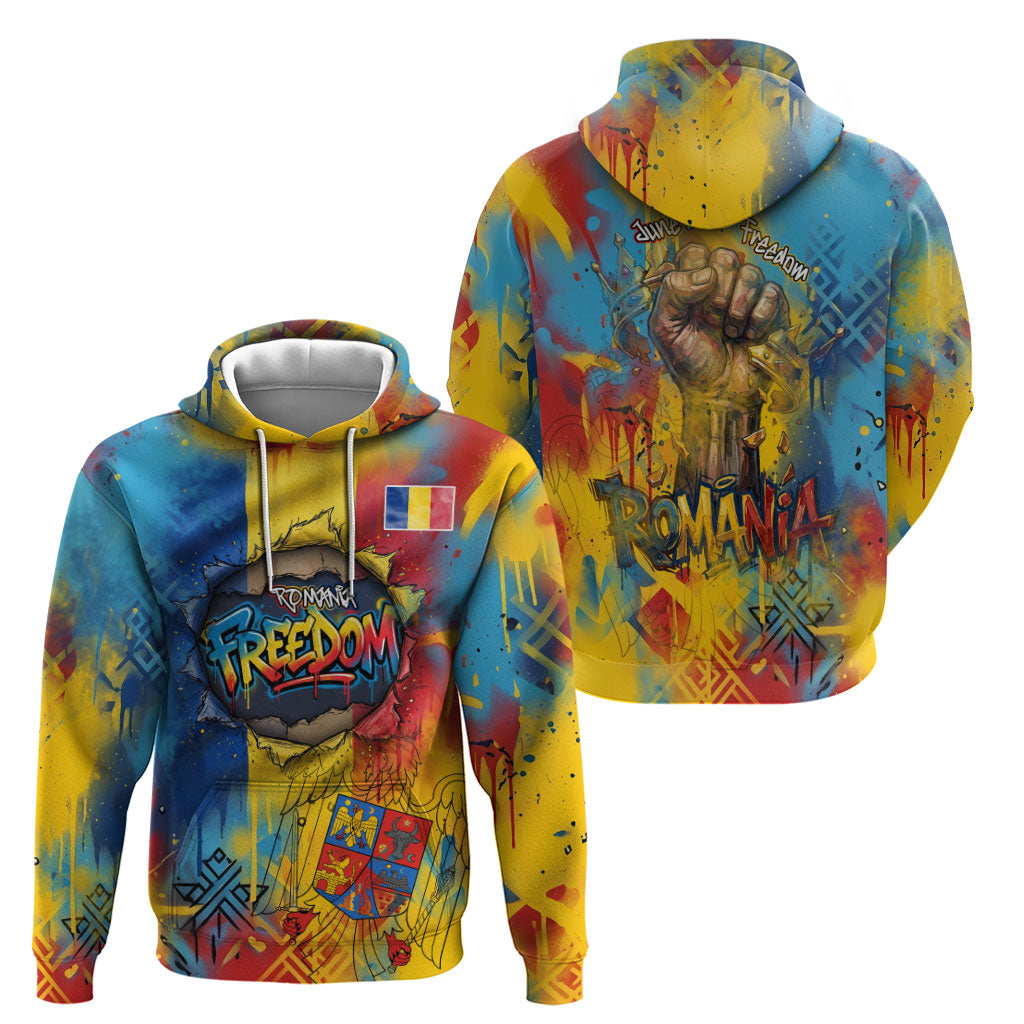 Romania Freedom Hoodie Flag Day June 26 - Raised Fist - Graffiti Style