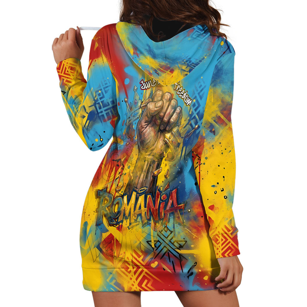 Romania Freedom Hoodie Dress Flag Day June 26 - Raised Fist - Graffiti Style