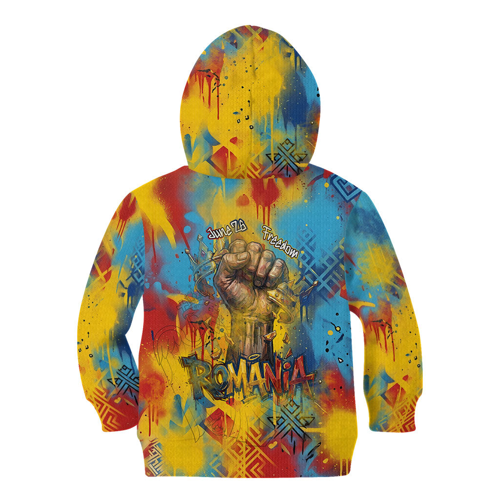Romania Freedom Kid Hoodie Flag Day June 26 - Raised Fist - Graffiti Style