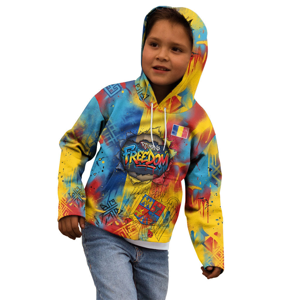 Romania Freedom Kid Hoodie Flag Day June 26 - Raised Fist - Graffiti Style