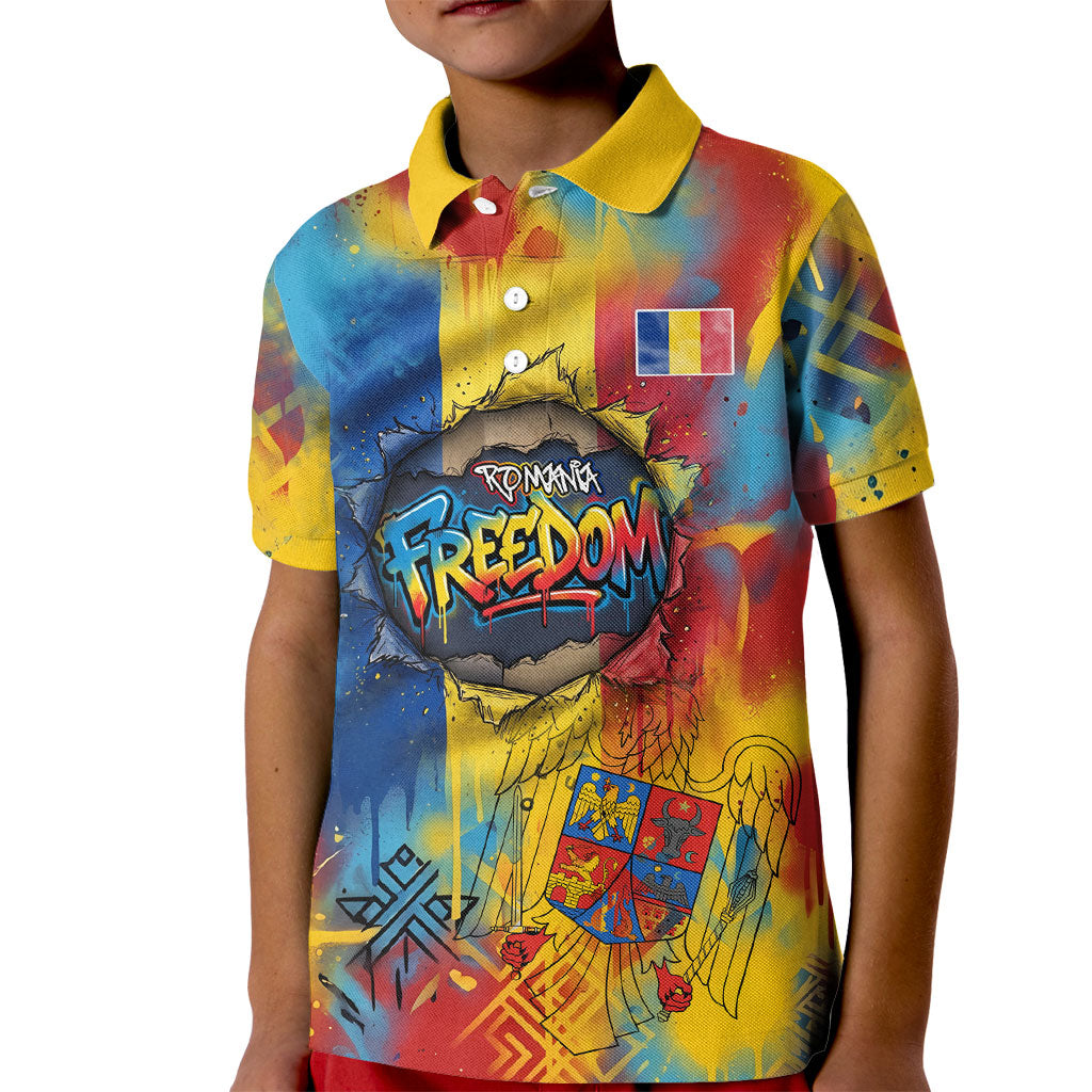 Romania Freedom Kid Polo Shirt Flag Day June 26 - Raised Fist - Graffiti Style