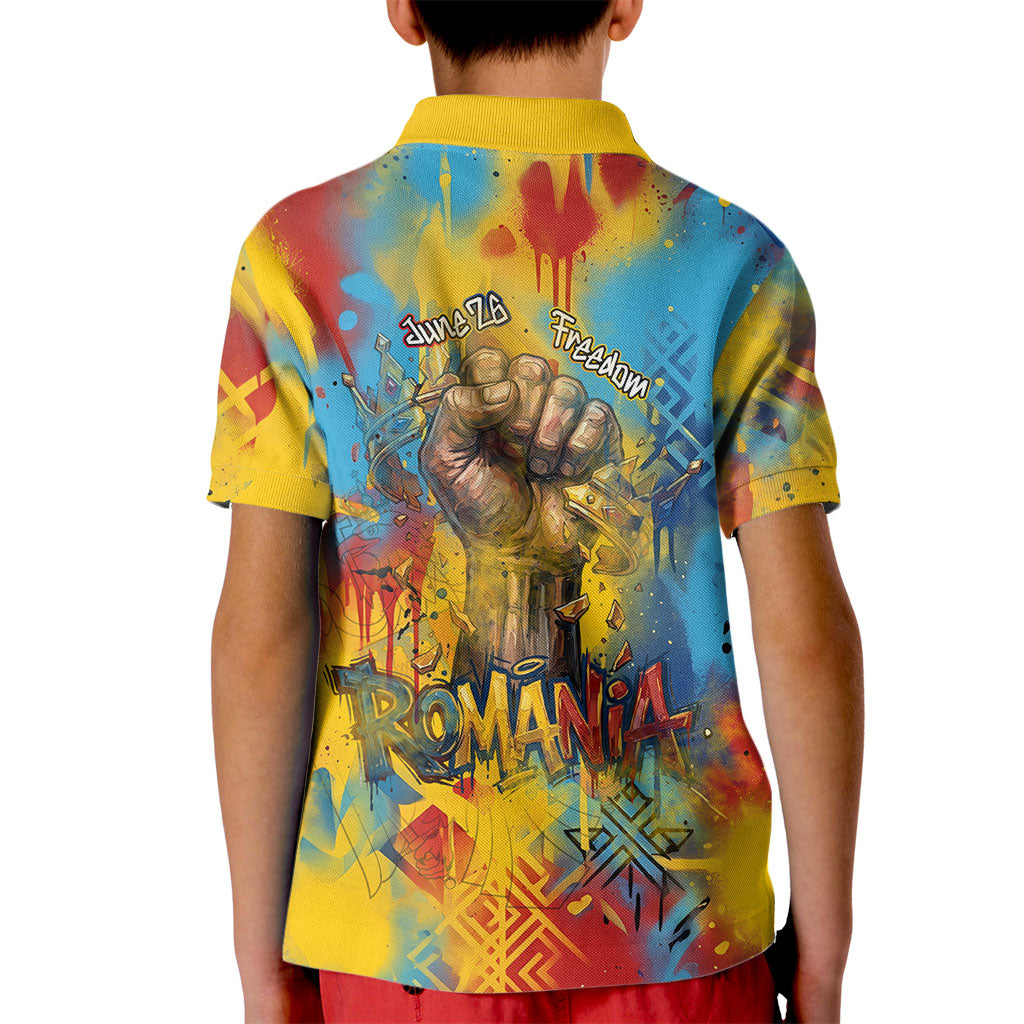 Romania Freedom Kid Polo Shirt Flag Day June 26 - Raised Fist - Graffiti Style