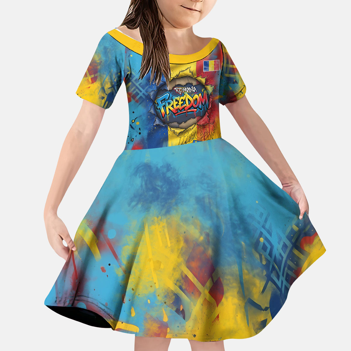 Romania Freedom Kid Short Sleeve Dress Flag Day June 26 - Raised Fist - Graffiti Style