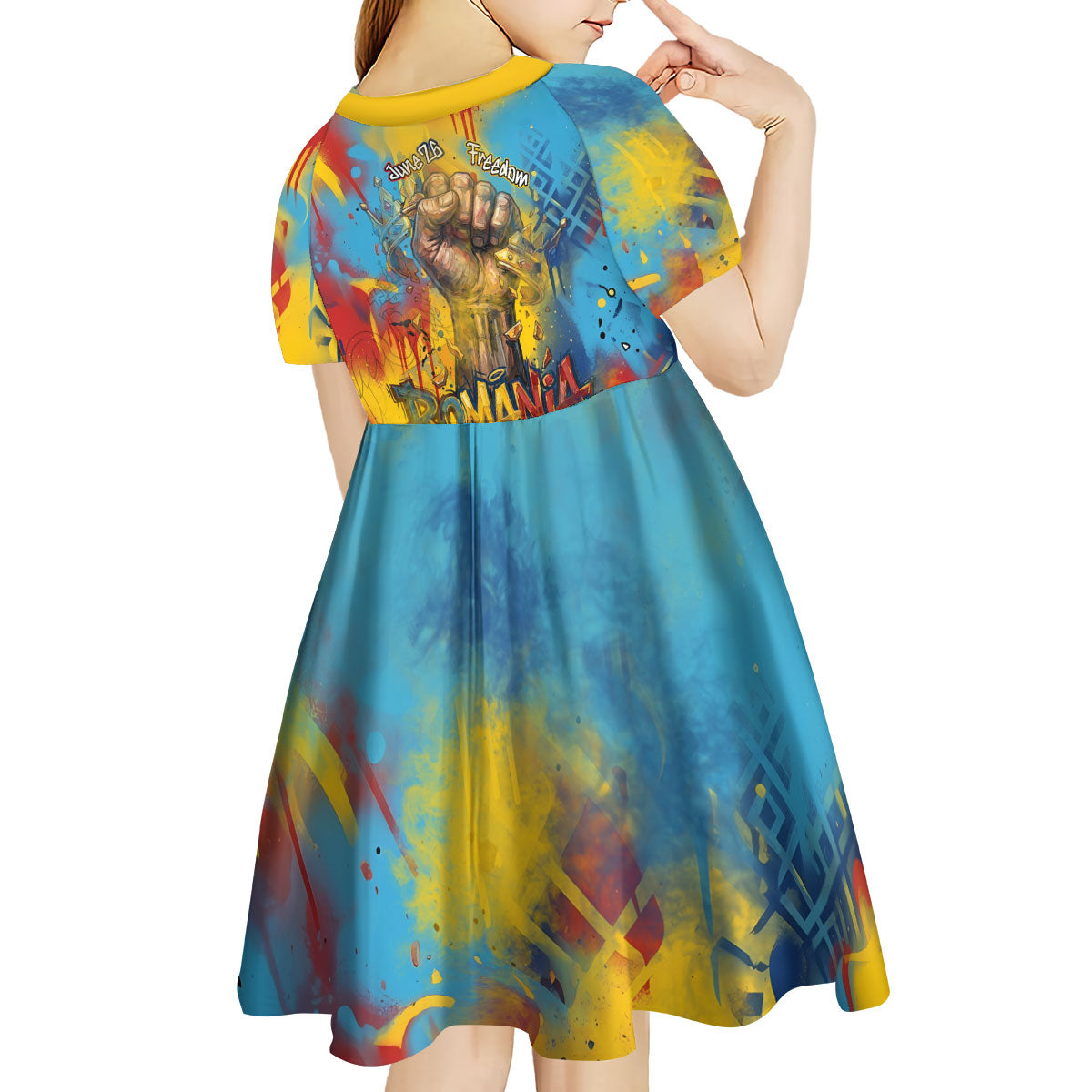Romania Freedom Kid Short Sleeve Dress Flag Day June 26 - Raised Fist - Graffiti Style