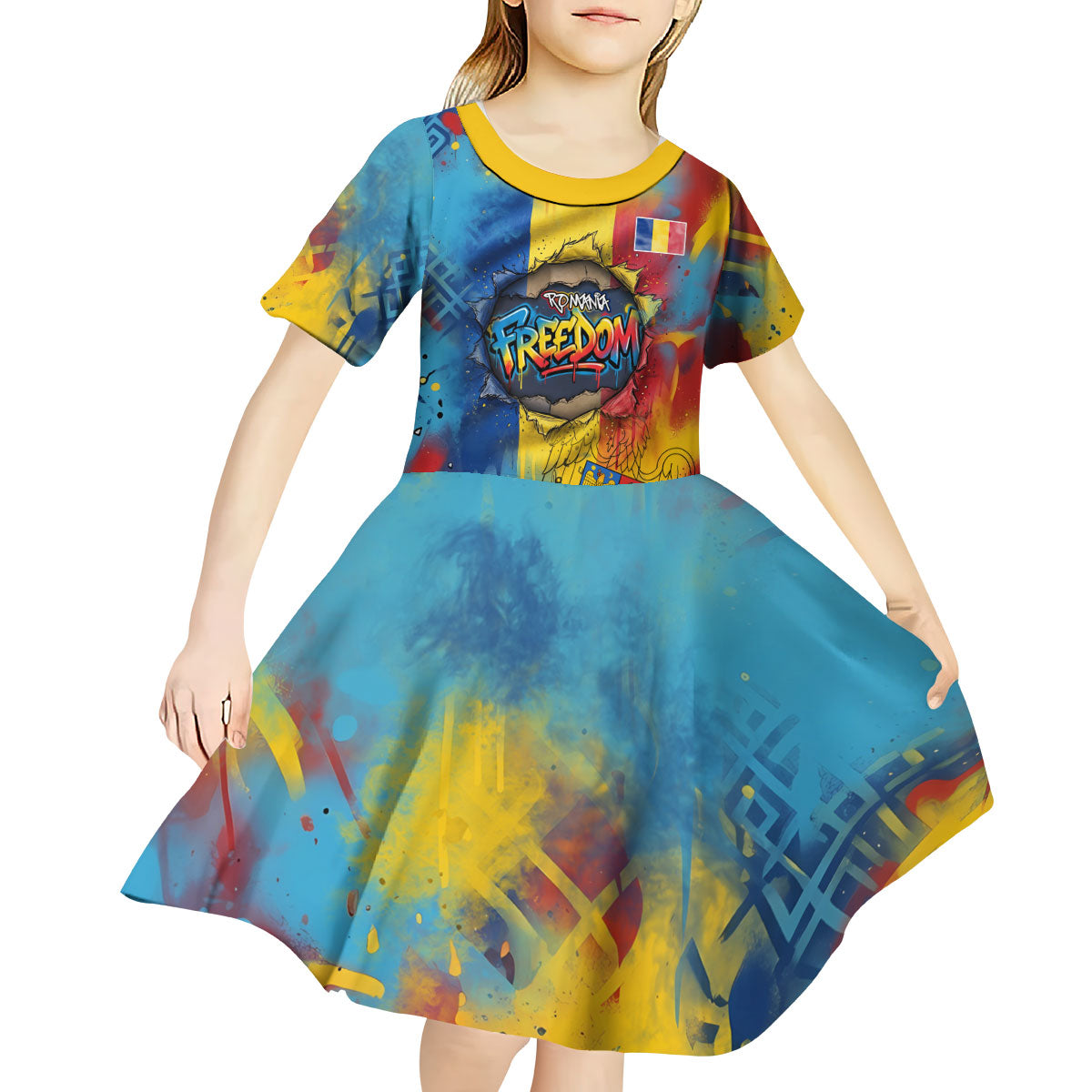 Romania Freedom Kid Short Sleeve Dress Flag Day June 26 - Raised Fist - Graffiti Style