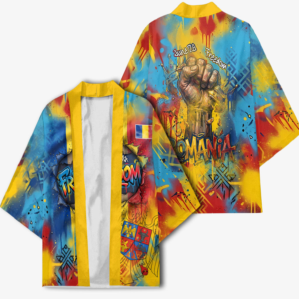 Romania Freedom Kimono Flag Day June 26 - Raised Fist - Graffiti Style