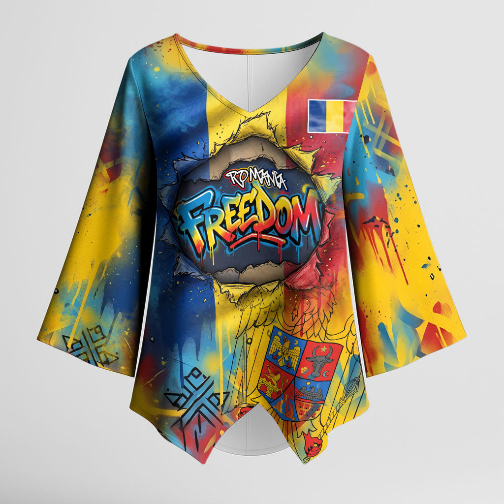 Romania Freedom Kimono Sleeve Blouse Flag Day June 26 - Raised Fist - Graffiti Style