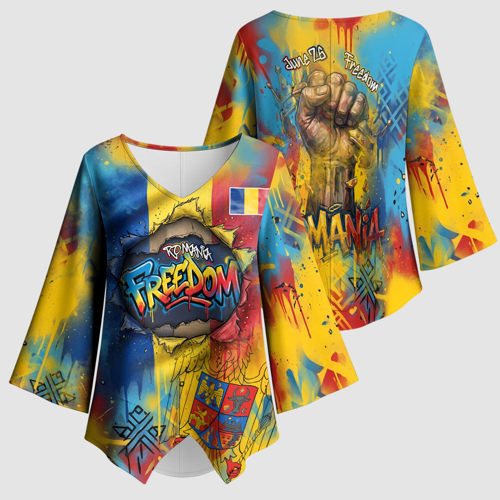 Romania Freedom Kimono Sleeve Blouse Flag Day June 26 - Raised Fist - Graffiti Style