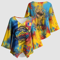 Romania Freedom Kimono Sleeve Blouse Flag Day June 26 - Raised Fist - Graffiti Style