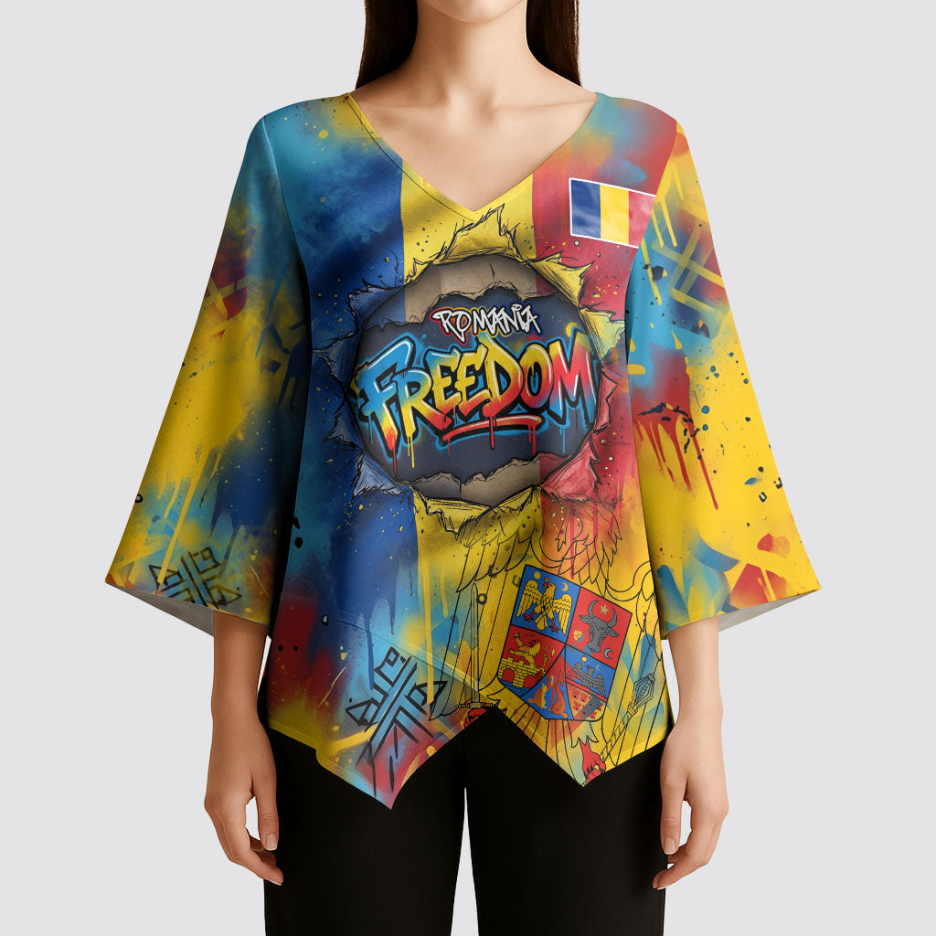 Romania Freedom Kimono Sleeve Blouse Flag Day June 26 - Raised Fist - Graffiti Style