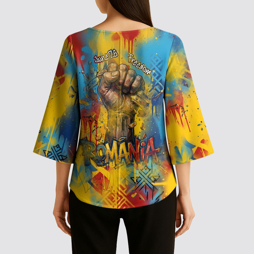 Romania Freedom Kimono Sleeve Blouse Flag Day June 26 - Raised Fist - Graffiti Style
