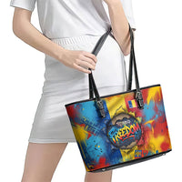 Romania Freedom Leather Tote Bag Flag Day June 26 - Raised Fist - Graffiti Style
