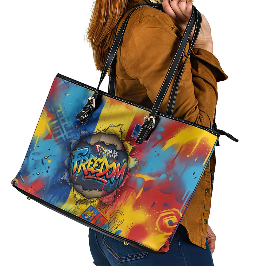 Romania Freedom Leather Tote Bag Flag Day June 26 - Raised Fist - Graffiti Style