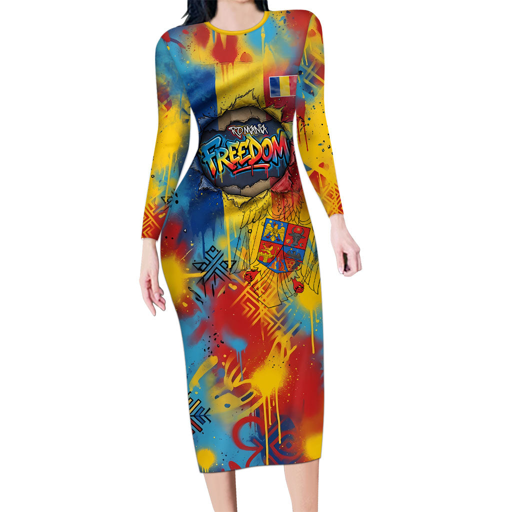 Romania Freedom Long Sleeve Bodycon Dress Flag Day June 26 - Raised Fist - Graffiti Style