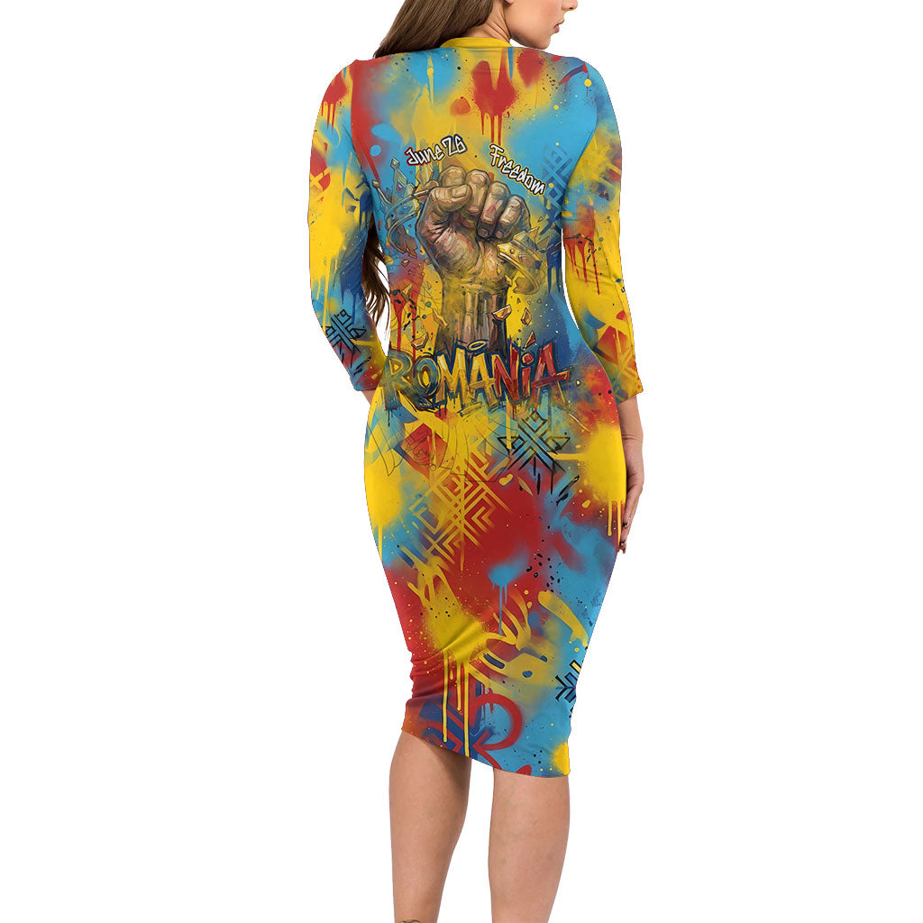 Romania Freedom Long Sleeve Bodycon Dress Flag Day June 26 - Raised Fist - Graffiti Style