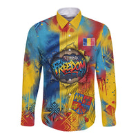 Romania Freedom Long Sleeve Button Shirt Flag Day June 26 - Raised Fist - Graffiti Style