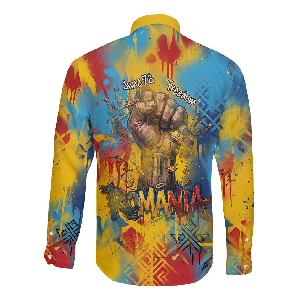 Romania Freedom Long Sleeve Button Shirt Flag Day June 26 - Raised Fist - Graffiti Style