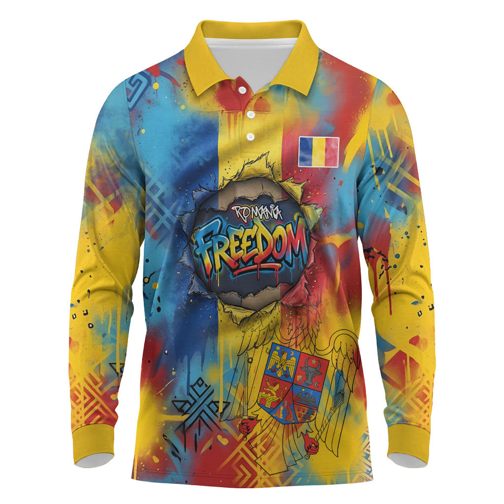 Romania Freedom Long Sleeve Polo Shirt Flag Day June 26 - Raised Fist - Graffiti Style