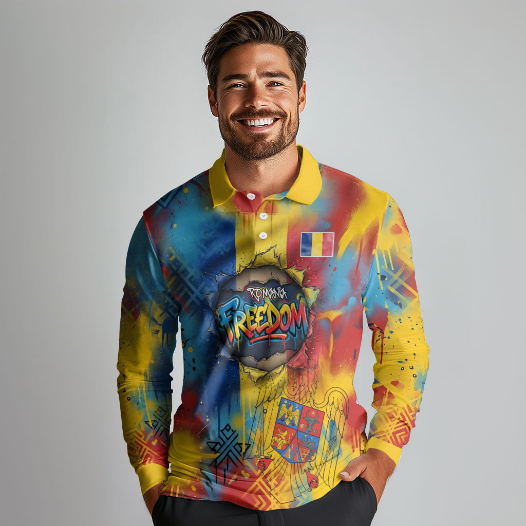 Romania Freedom Long Sleeve Polo Shirt Flag Day June 26 - Raised Fist - Graffiti Style