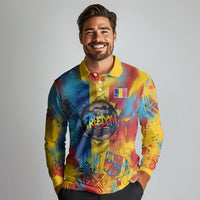 Romania Freedom Long Sleeve Polo Shirt Flag Day June 26 - Raised Fist - Graffiti Style