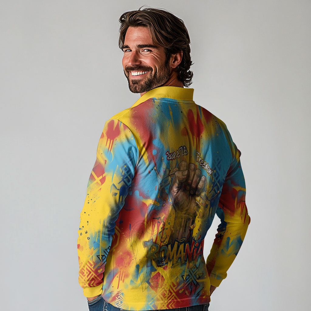 Romania Freedom Long Sleeve Polo Shirt Flag Day June 26 - Raised Fist - Graffiti Style