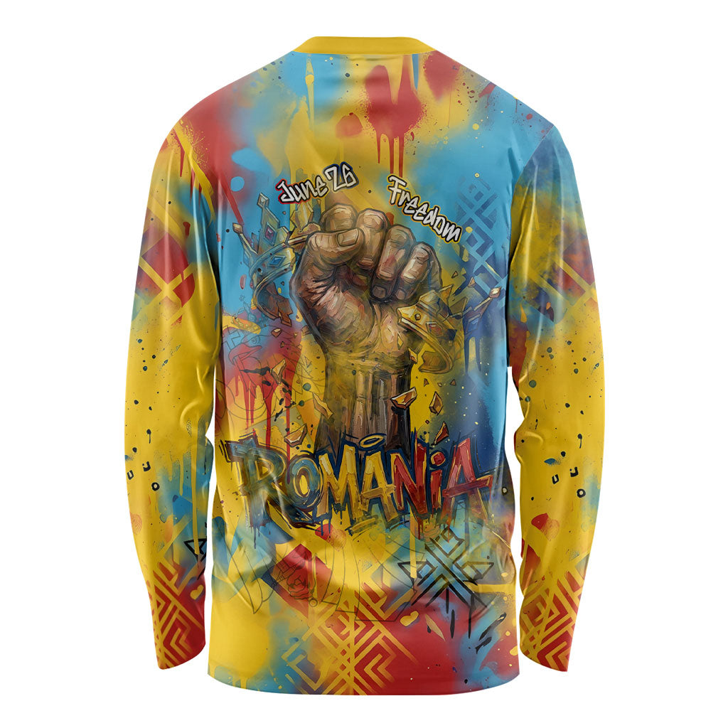 Romania Freedom Long Sleeve Shirt Flag Day June 26 - Raised Fist - Graffiti Style