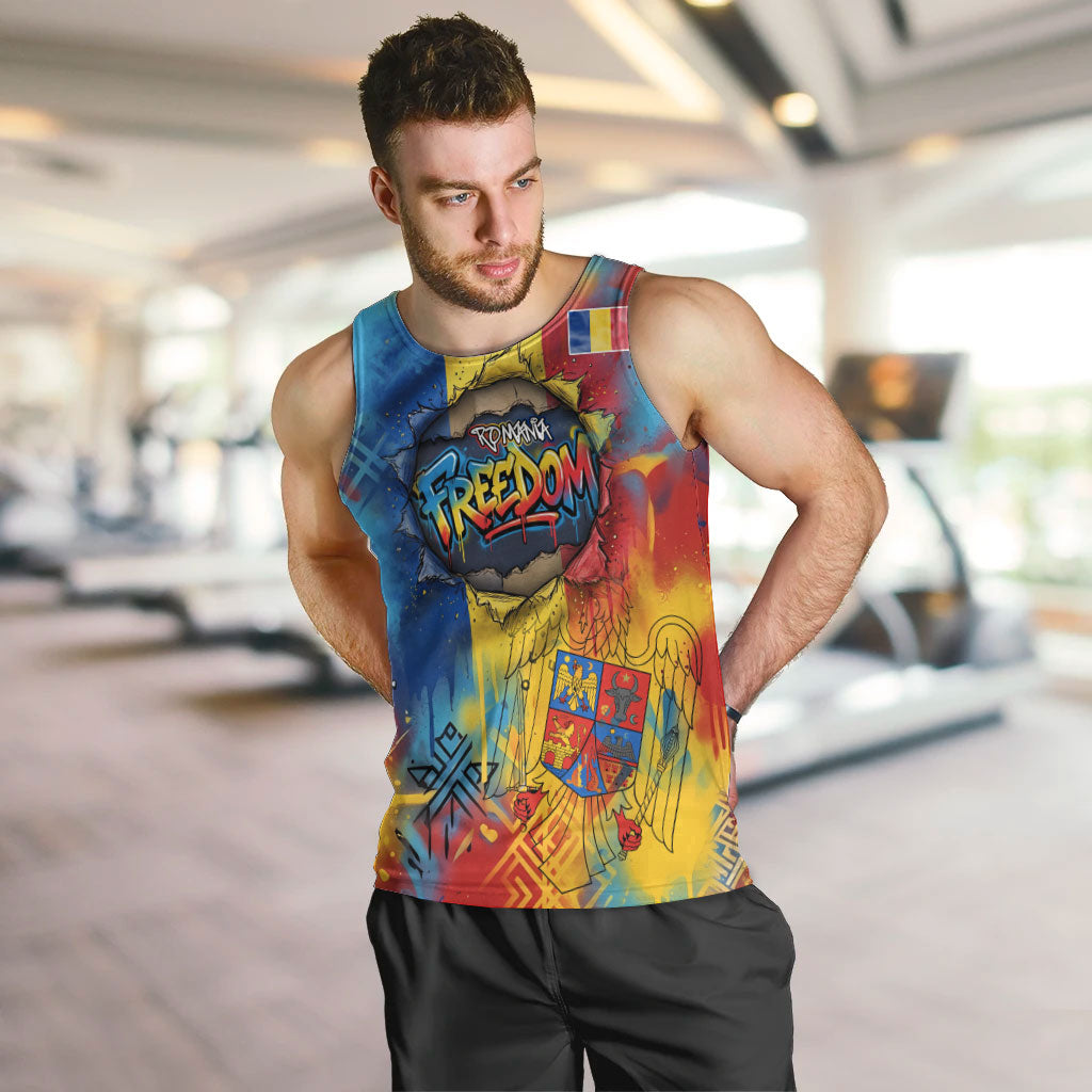 Romania Freedom Men Tank Top Flag Day June 26 - Raised Fist - Graffiti Style
