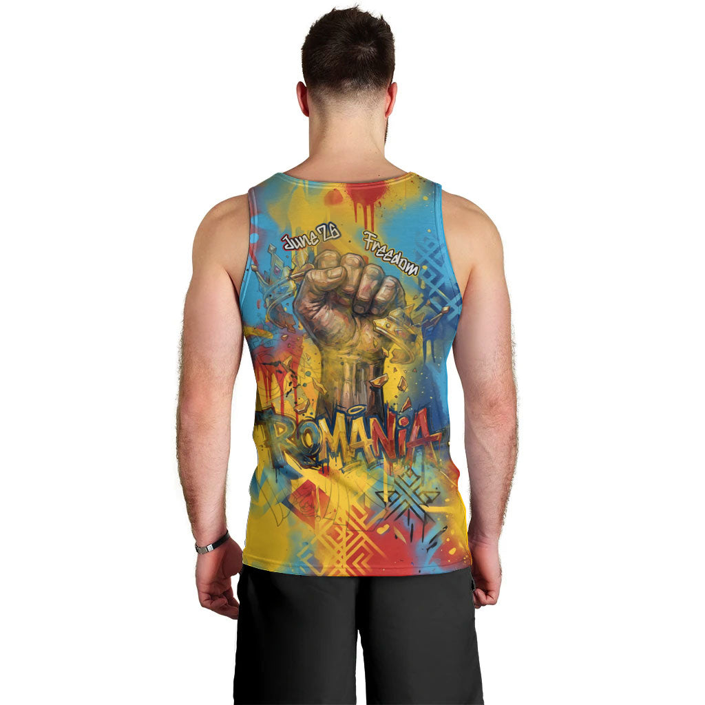 Romania Freedom Men Tank Top Flag Day June 26 - Raised Fist - Graffiti Style